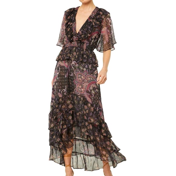 MISA Marni Printed Chiffon Midi Dress Size Small Black Boho Paisley - Picture 2 of 16